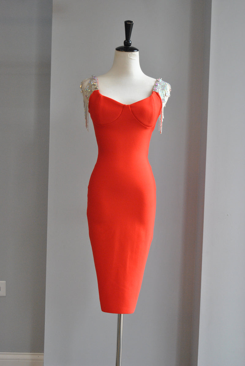 RED BANDAGE DRESS WITH CRYSTAL DETAIL