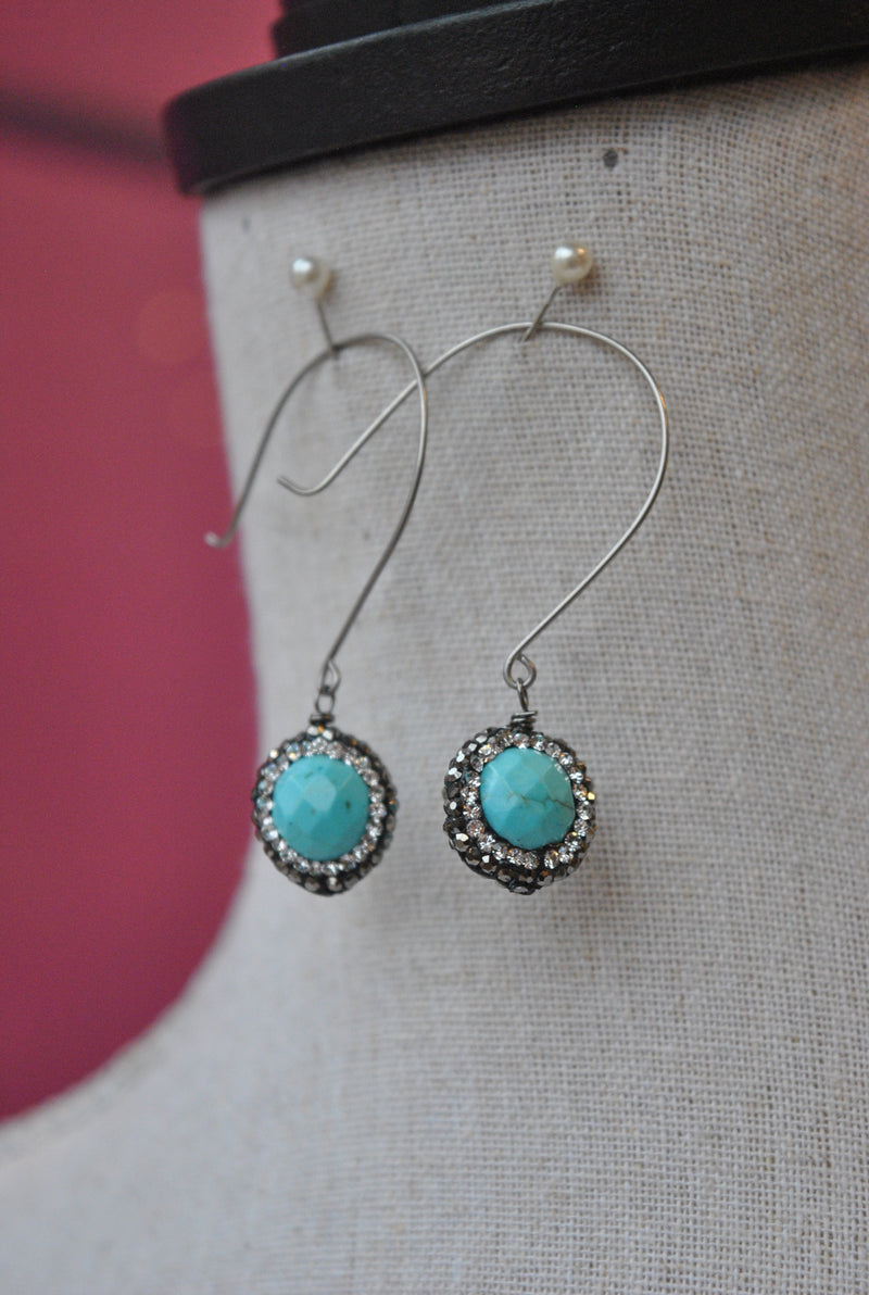 TURQUOISE HOWLITE AND SWAROVSKI CRYSTALS LONG EARRINGS