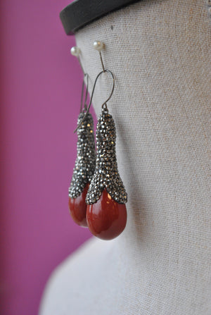 BURGUNDY CERAMIC AND SWAROVSKI CRYSTALS STATEMENT EARRINGS