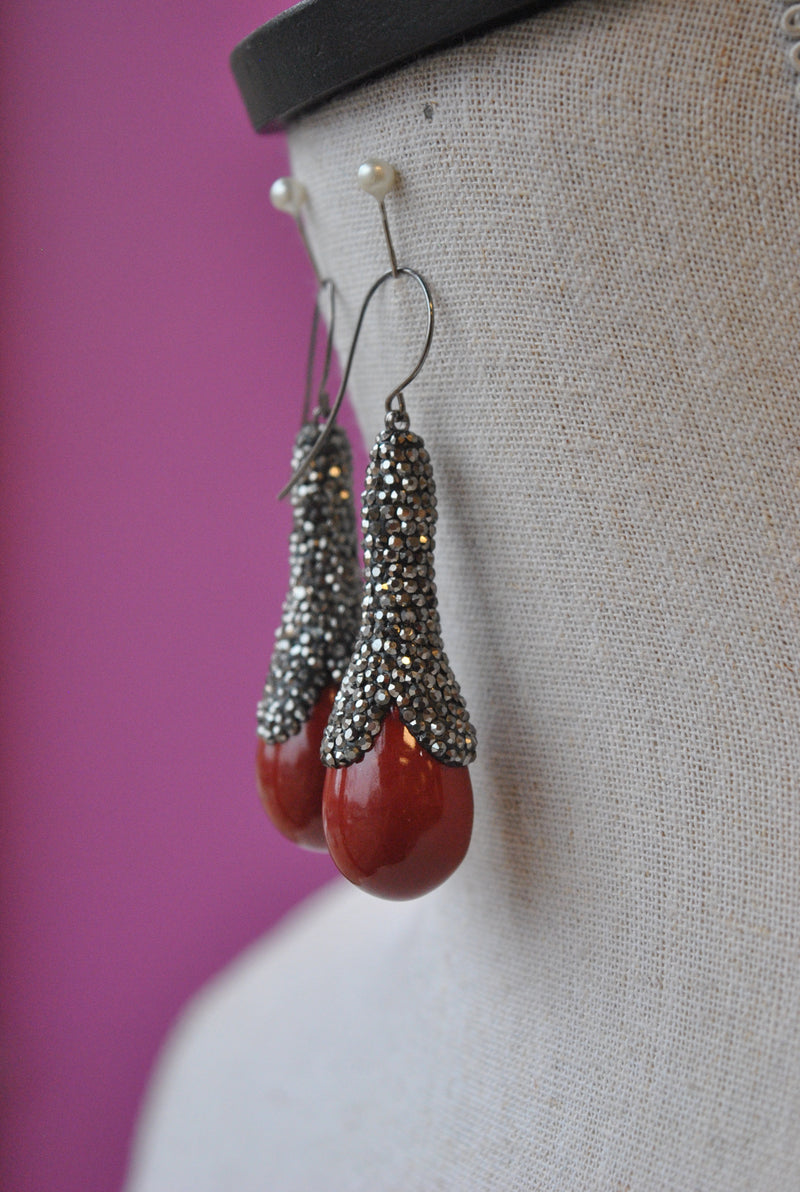 BURGUNDY CERAMIC AND SWAROVSKI CRYSTALS STATEMENT EARRINGS
