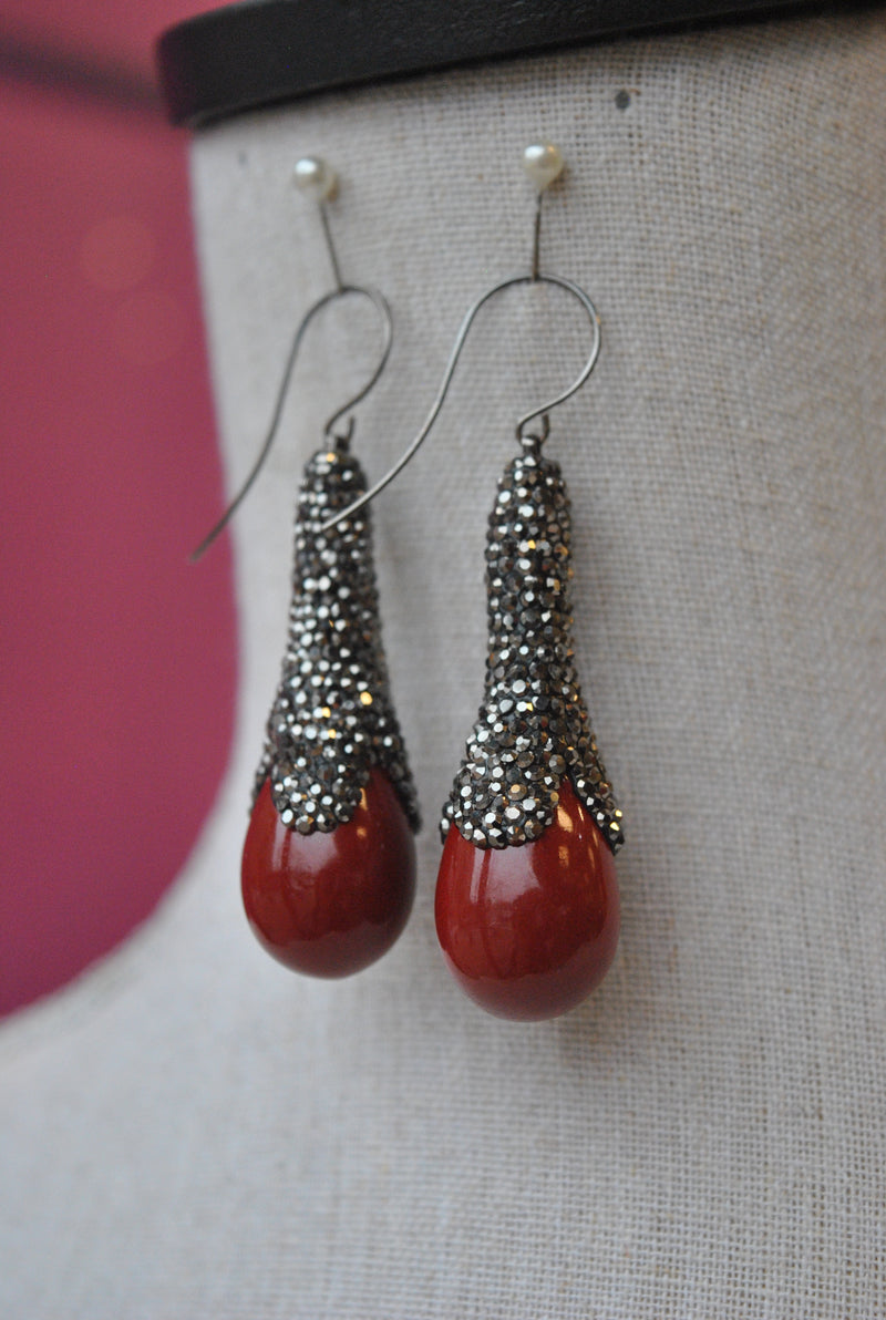BURGUNDY CERAMIC AND SWAROVSKI CRYSTALS STATEMENT EARRINGS