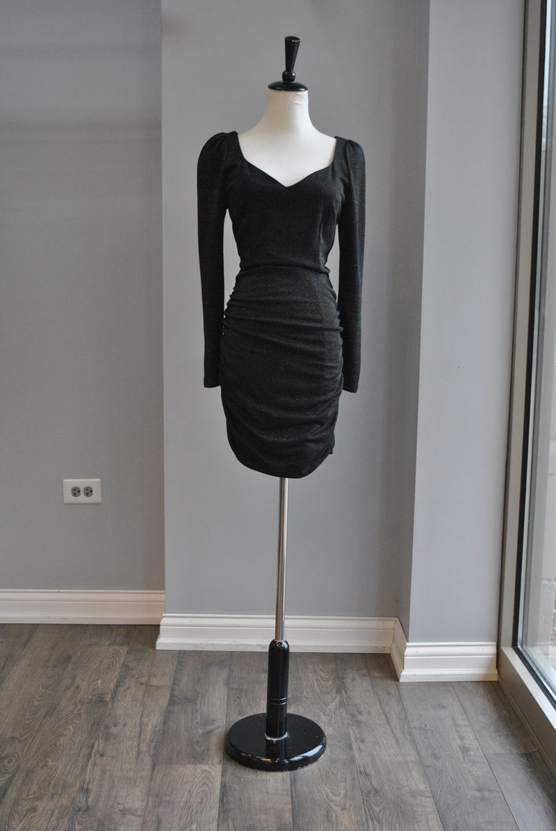 CLEARANCE - BLACK AND SILVER MINI PARTY DRESS WITH RUSHING