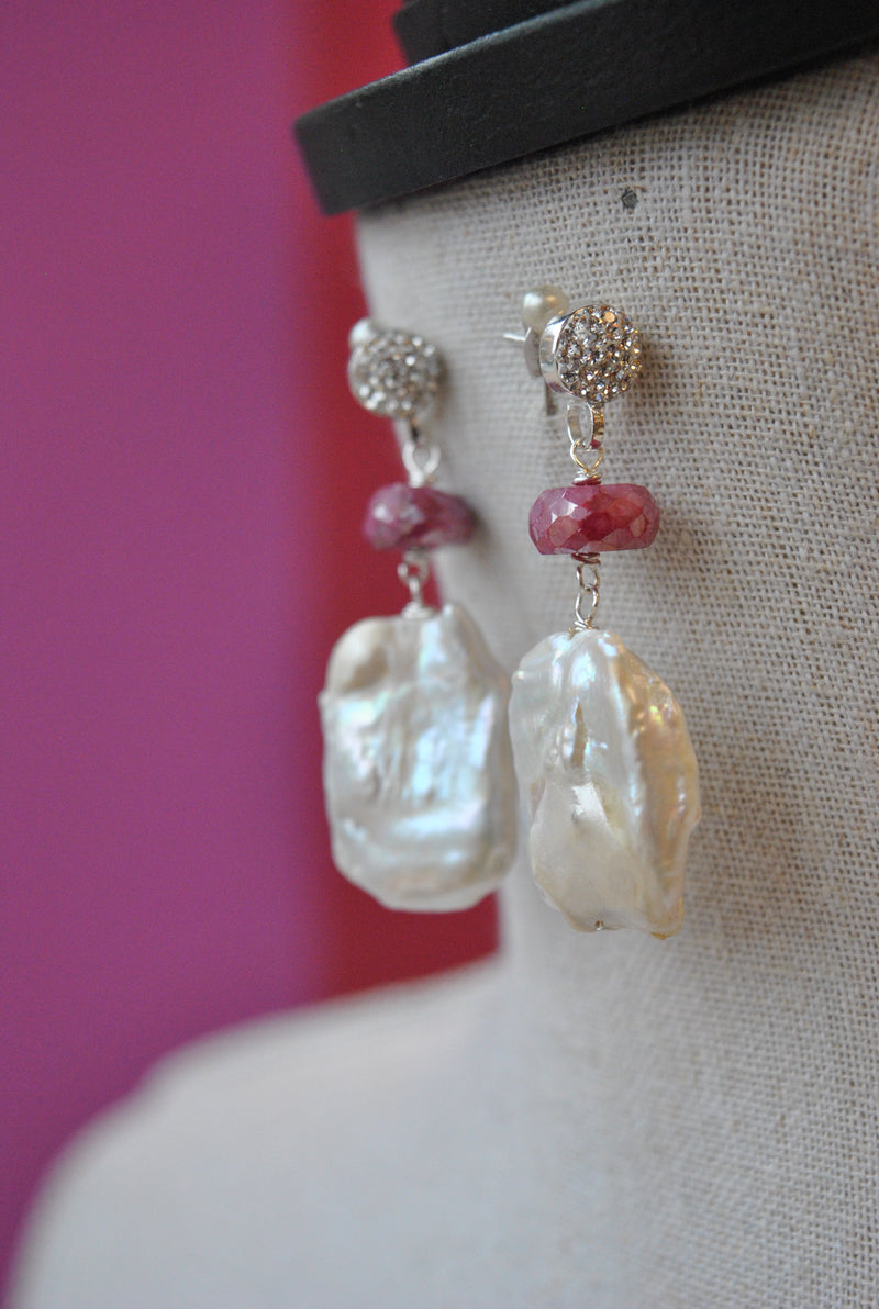 MOTHER OF PEARLS AND RUBY MOONSTONE ELEGANT EARRINGS