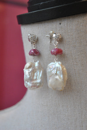 MOTHER OF PEARLS AND RUBY MOONSTONE ELEGANT EARRINGS
