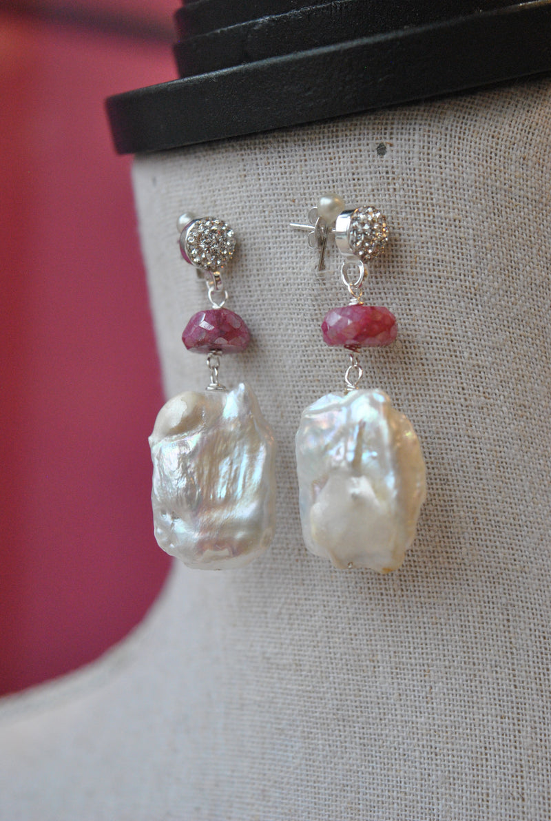 MOTHER OF PEARLS AND RUBY MOONSTONE ELEGANT EARRINGS