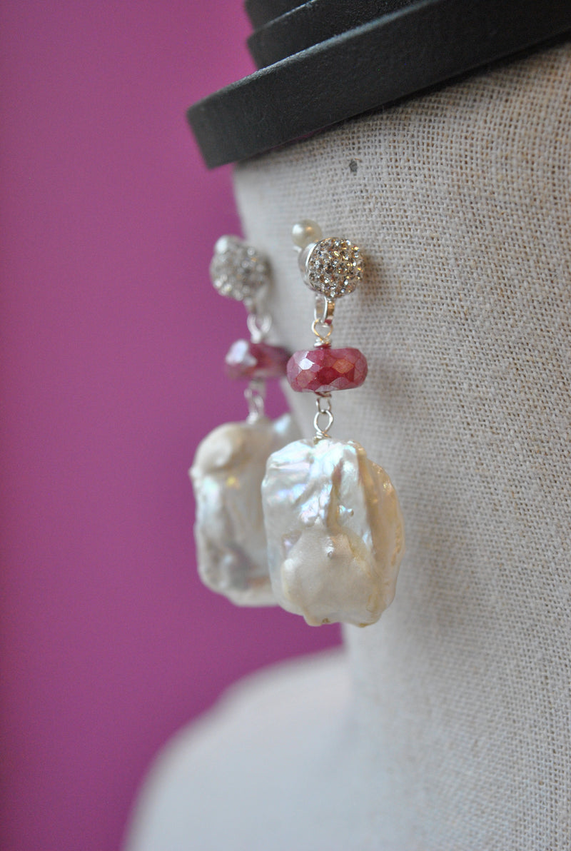 MOTHER OF PEARLS AND RUBY MOONSTONE ELEGANT EARRINGS