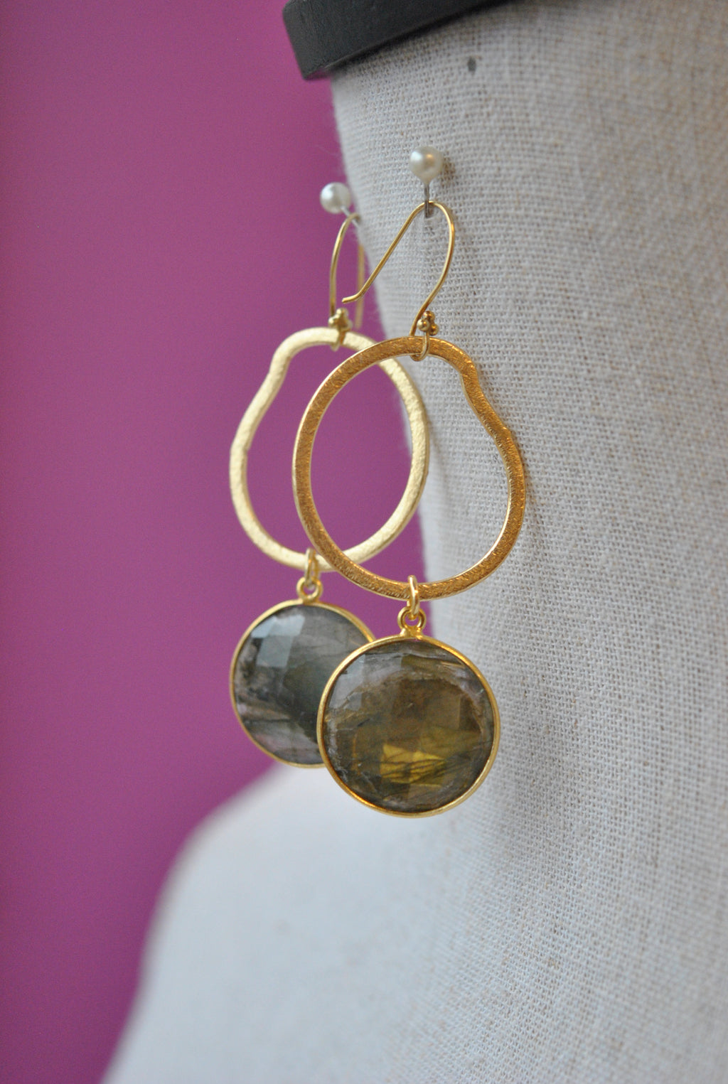 NATURAL LABRADORITE ON GOLD LONG EARRINGS