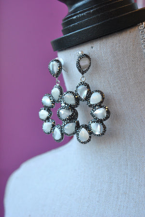 MOTHER OF PEARLS AND GUNMETAL CRYSTALS STATEMENT EARRINGS