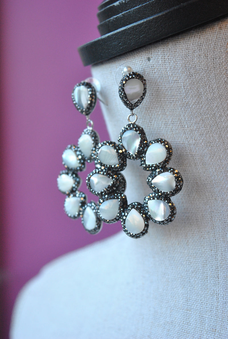 MOTHER OF PEARLS AND GUNMETAL CRYSTALS STATEMENT EARRINGS