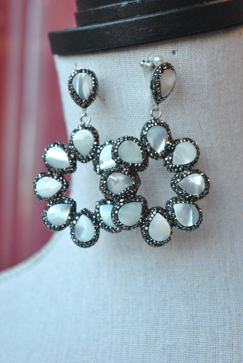 MOTHER OF PEARLS AND GUNMETAL CRYSTALS STATEMENT EARRINGS