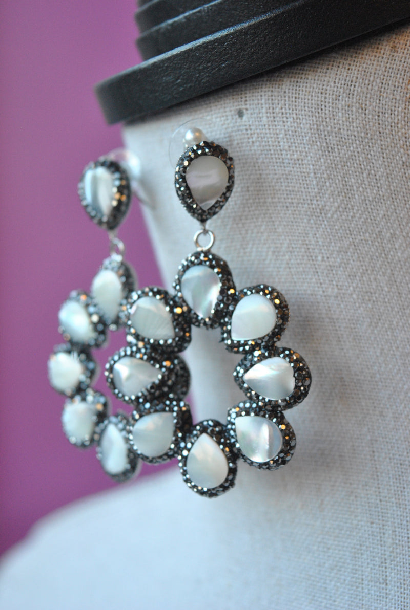 MOTHER OF PEARLS AND GUNMETAL CRYSTALS STATEMENT EARRINGS
