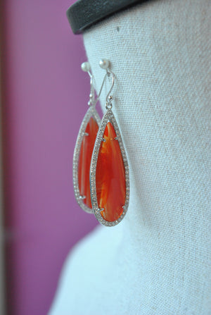 ORANGE GLASS TEARDROP AND RHINESTONES ELEGANT EARRINGS