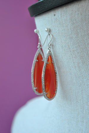 ORANGE GLASS TEARDROP AND RHINESTONES ELEGANT EARRINGS