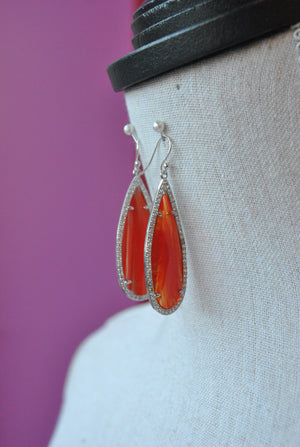 ORANGE GLASS TEARDROP AND RHINESTONES ELEGANT EARRINGS