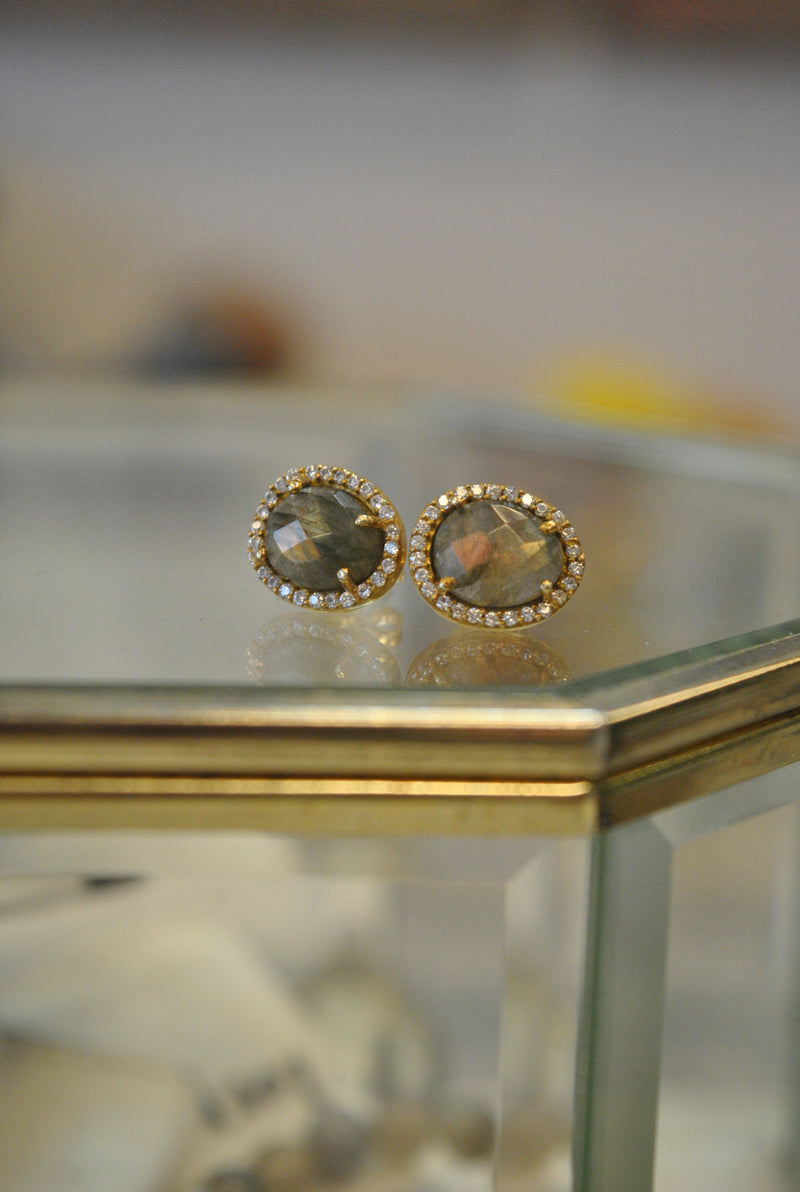 STUDS COLLECTION - LABRADORITE AND RHINESTONES ON GOLD STUDS