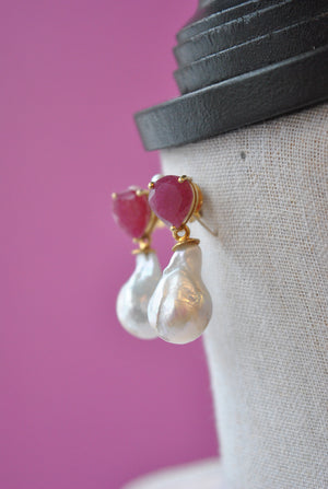 RUBIES AND WHITE JUMBO GRESHWAETR PEARLS ELEGANT EARRINGS