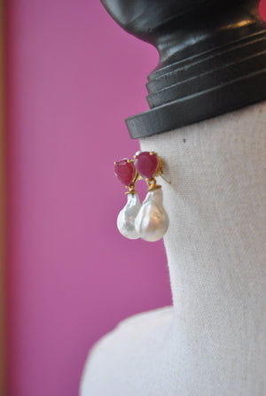 RUBIES AND WHITE JUMBO GRESHWAETR PEARLS ELEGANT EARRINGS