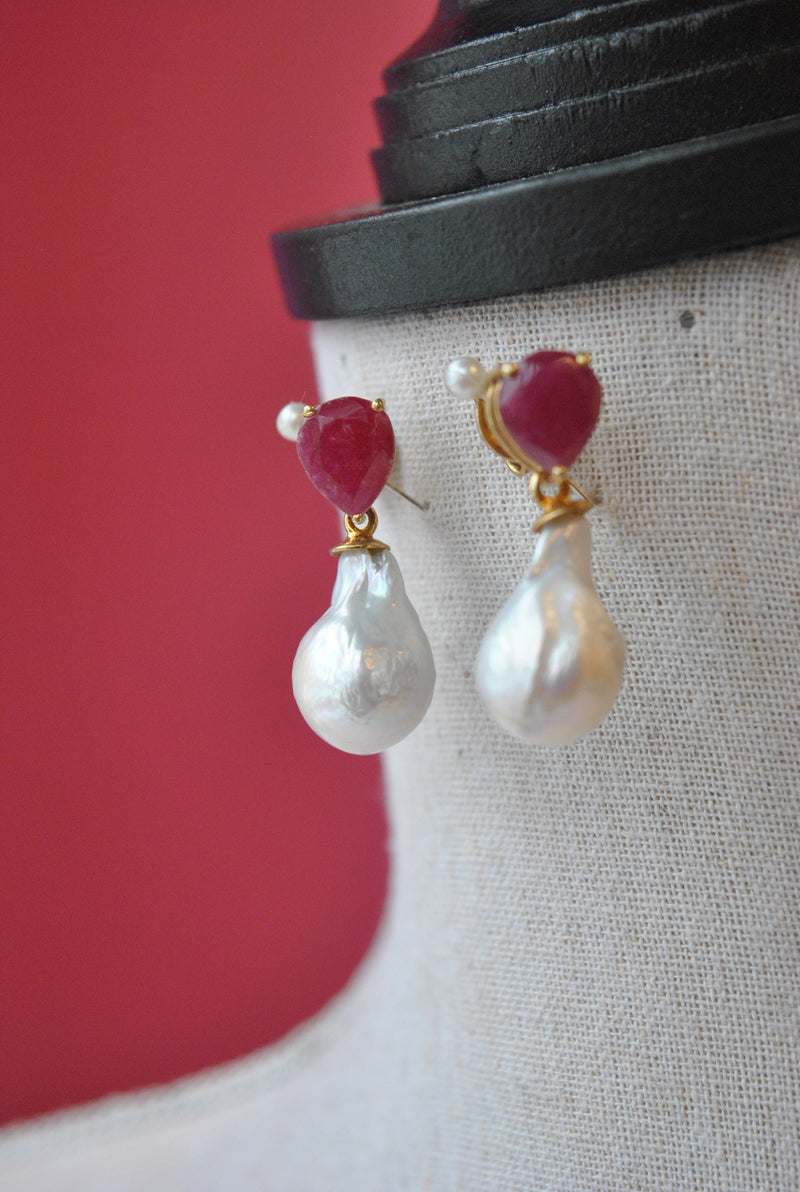 RUBIES AND WHITE JUMBO GRESHWAETR PEARLS ELEGANT EARRINGS