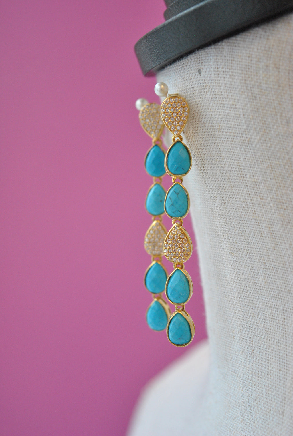 TURQUOISE AND RHINESTONES ON GOLD LONG EARRINGS