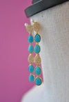 TURQUOISE AND RHINESTONES ON GOLD LONG EARRINGS