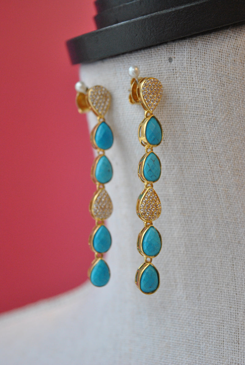 TURQUOISE AND RHINESTONES ON GOLD LONG EARRINGS