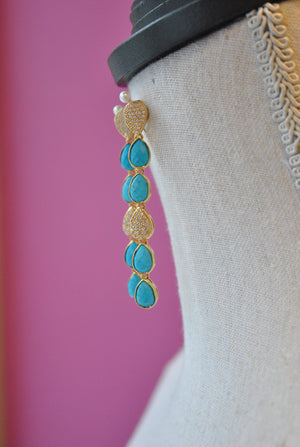 TURQUOISE AND RHINESTONES ON GOLD LONG EARRINGS