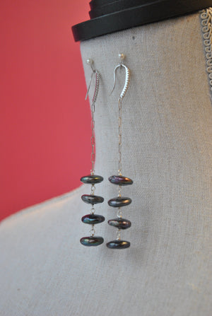 PEACOCK FRESHWATER PEARLS AND RHINESTONES LONG EARRINGS
