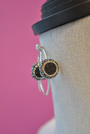 HOOP COLLECTION - BLACK DRUZY AND SWAROVSKI CRYSTALS ON STERLING SILVER HOOPS