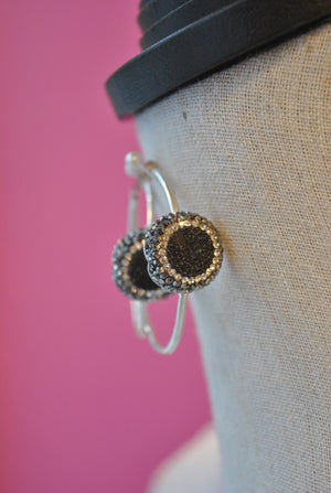 HOOP COLLECTION - BLACK DRUZY AND SWAROVSKI CRYSTALS ON STERLING SILVER HOOPS