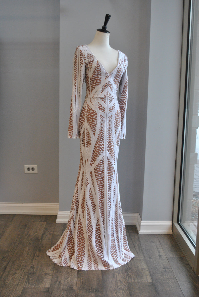 WHITE AND BEIGE SEQUINS MAXI DRESS