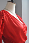 RED SILKY WRAP MIDI DRESS WITH THE STATEMENT SLEEVES