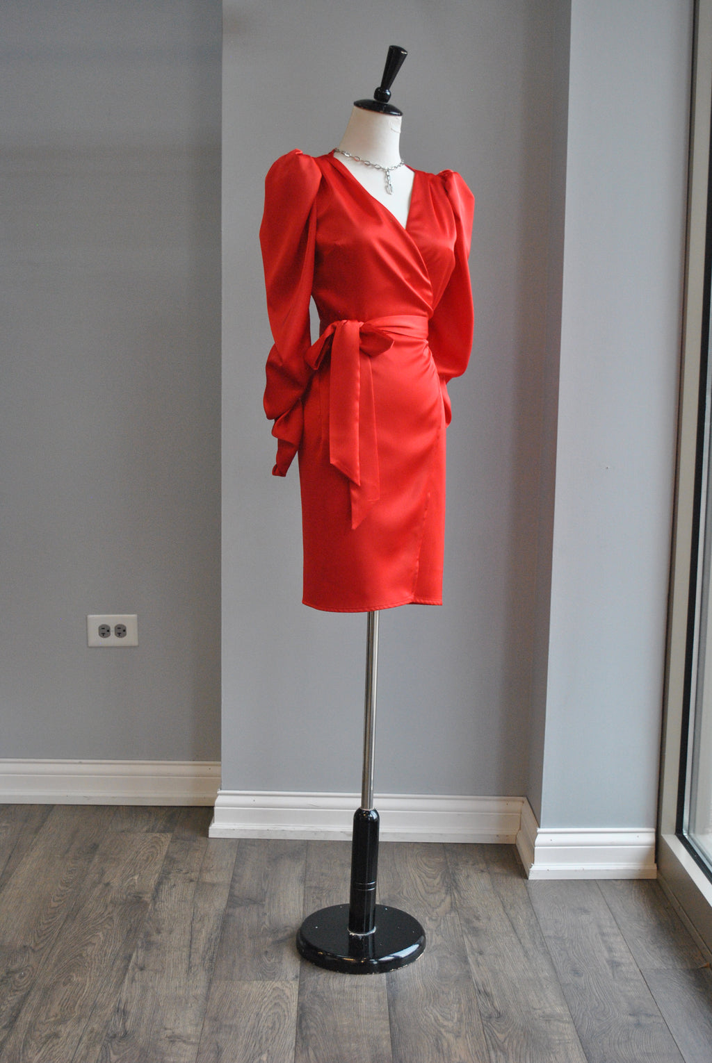 RED SILKY WRAP MINI DRESS WITH THE STATEMENT SLEEVES