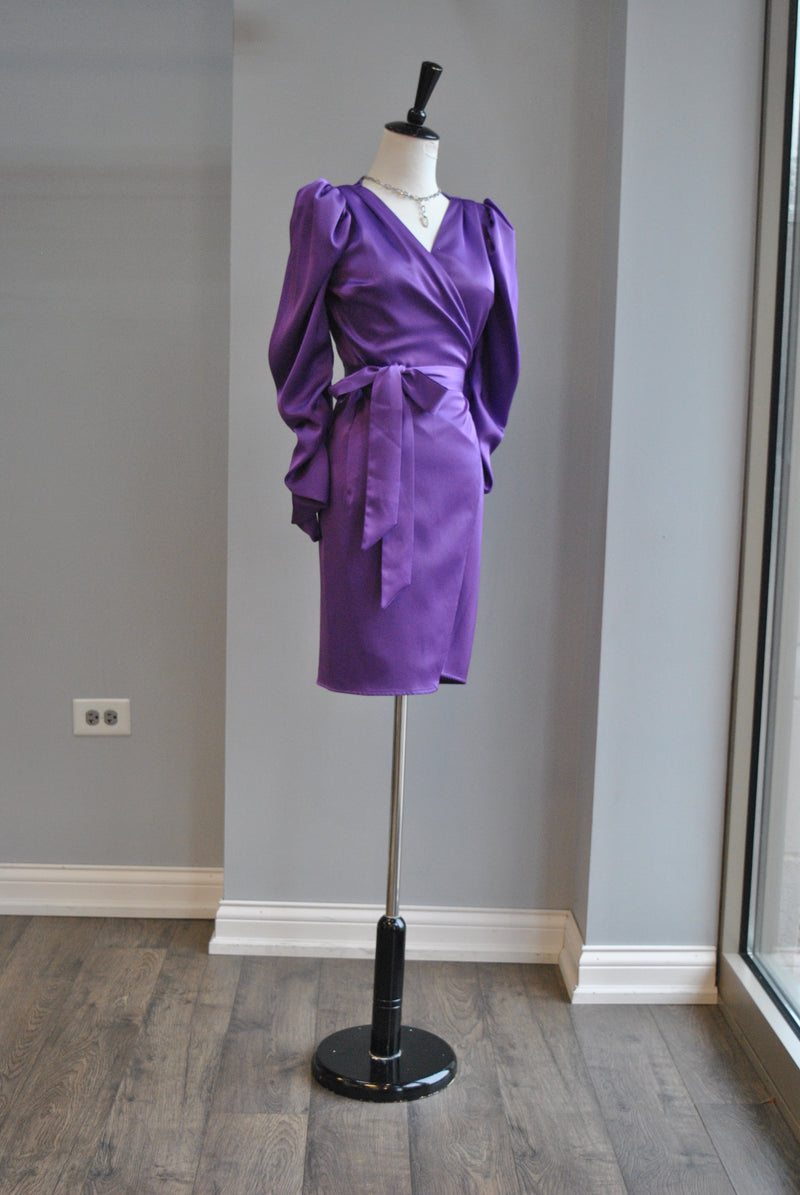 PURPLE SILKY WRAP MINI DRESS WITH THE STATEMENT SLEEVES
