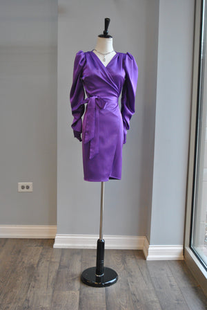 PURPLE SILKY WRAP MINI DRESS WITH THE STATEMENT SLEEVES