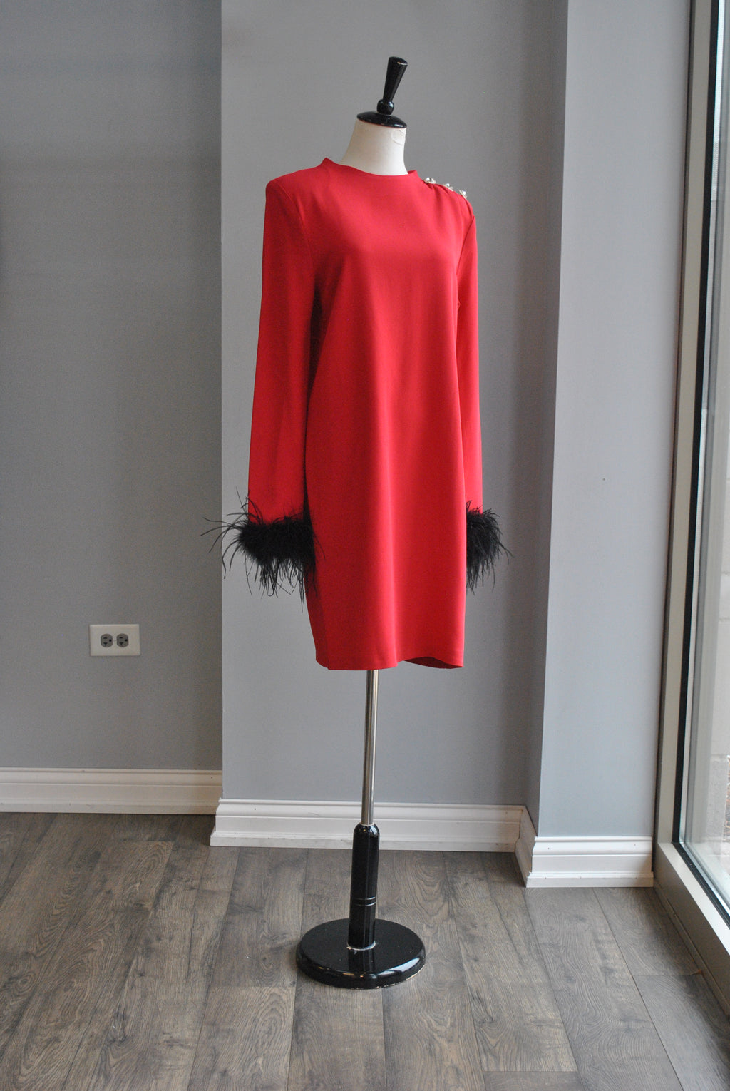 CLEARANCE - RED TUNIC DRESS WITH FEATHERS AND CRYSTAL DETAILS