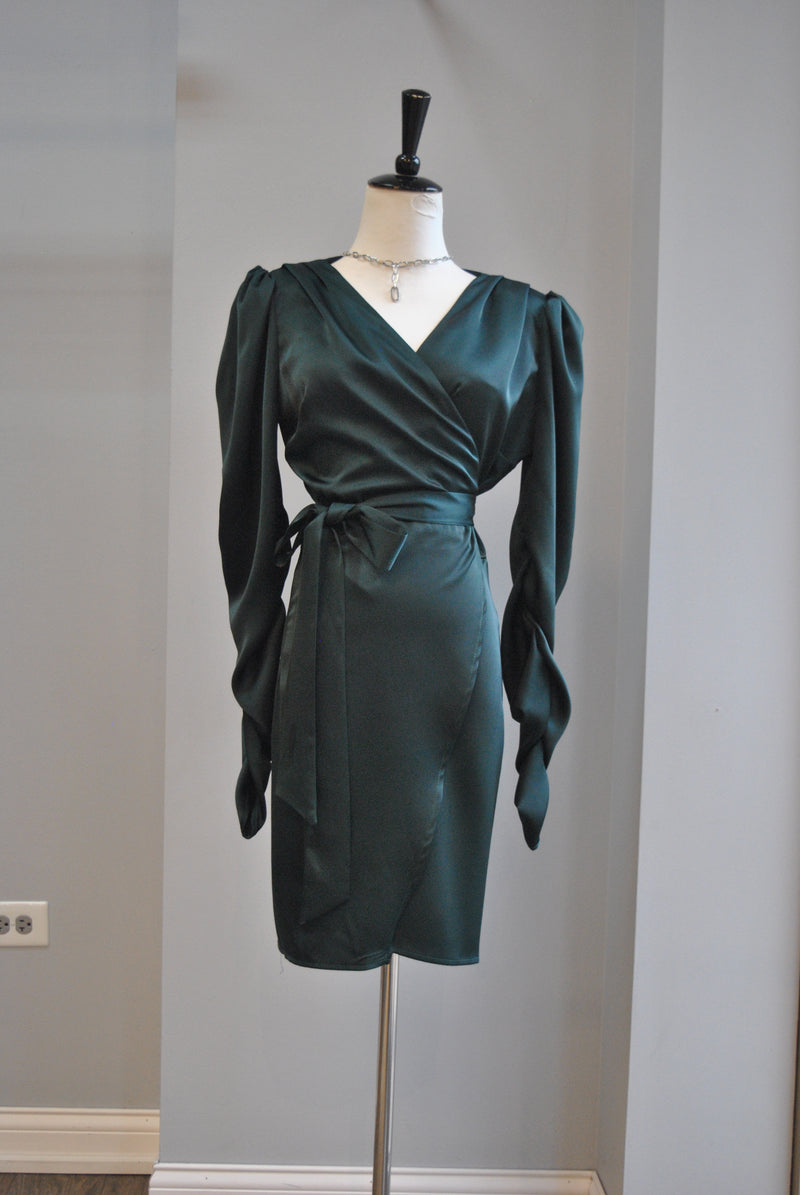 HUNTER GREEN SILKY WRAP MINI DRESS WITH THE STATEMENT SLEEVES