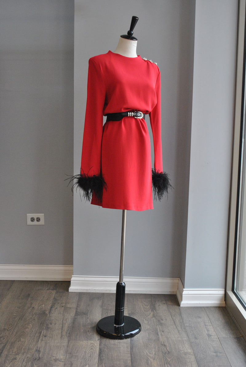 CLEARANCE - RED TUNIC DRESS WITH FEATHERS AND CRYSTAL DETAILS