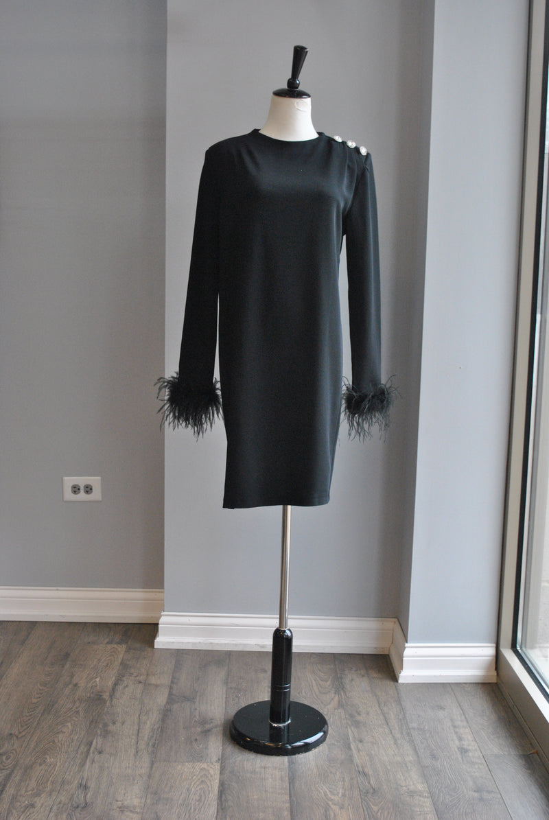 BLACK TUNIC DRESS WITH FEATHERS AND CRYSTALS DETAIL
