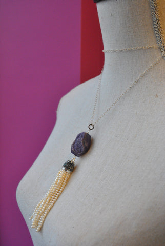 MOONSTONE, BLACK DRUZY AND CRYSTALS OVERSIZE LONG CHAIN PENDANT