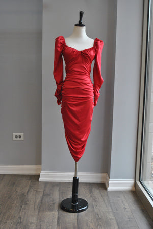 RED MIDI DRESS WITH RUSHING