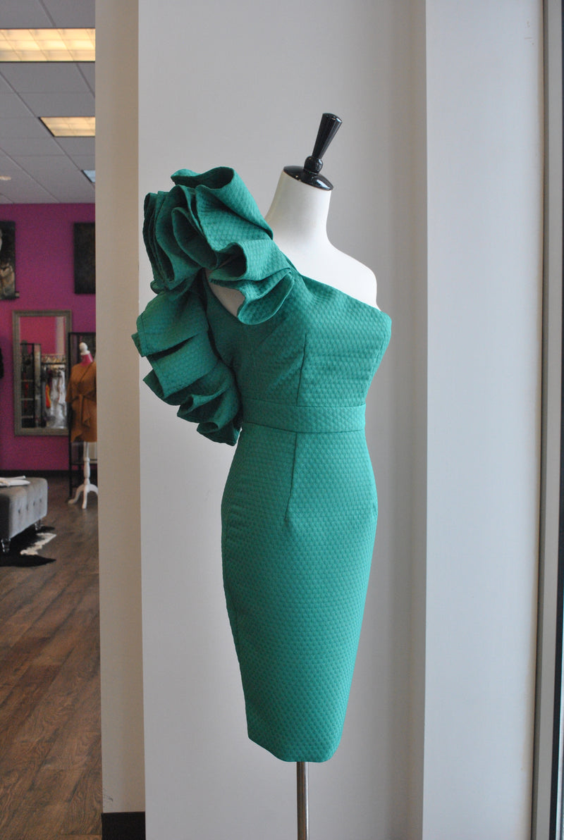 ASYMMETRIC GREEN DRESS WITH RUFFLES