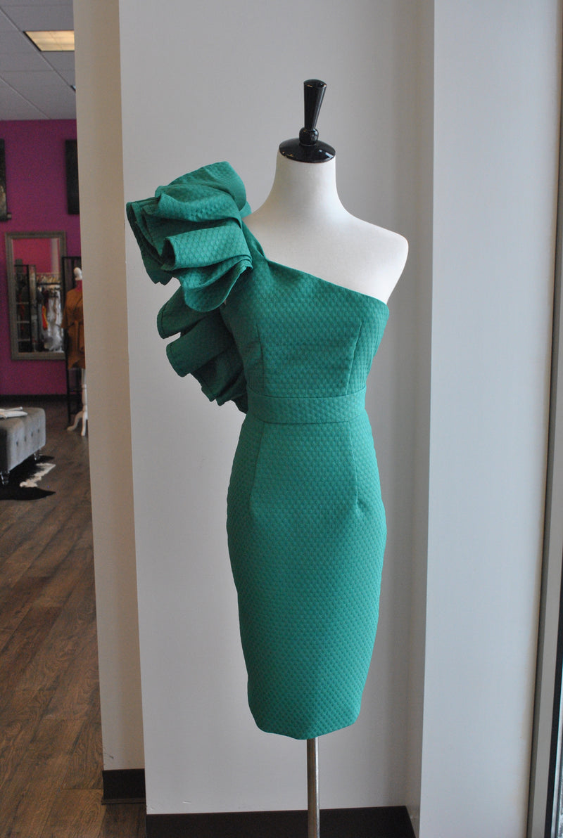 ASYMMETRIC GREEN DRESS WITH RUFFLES