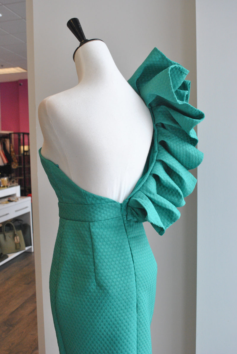 ASYMMETRIC GREEN DRESS WITH RUFFLES