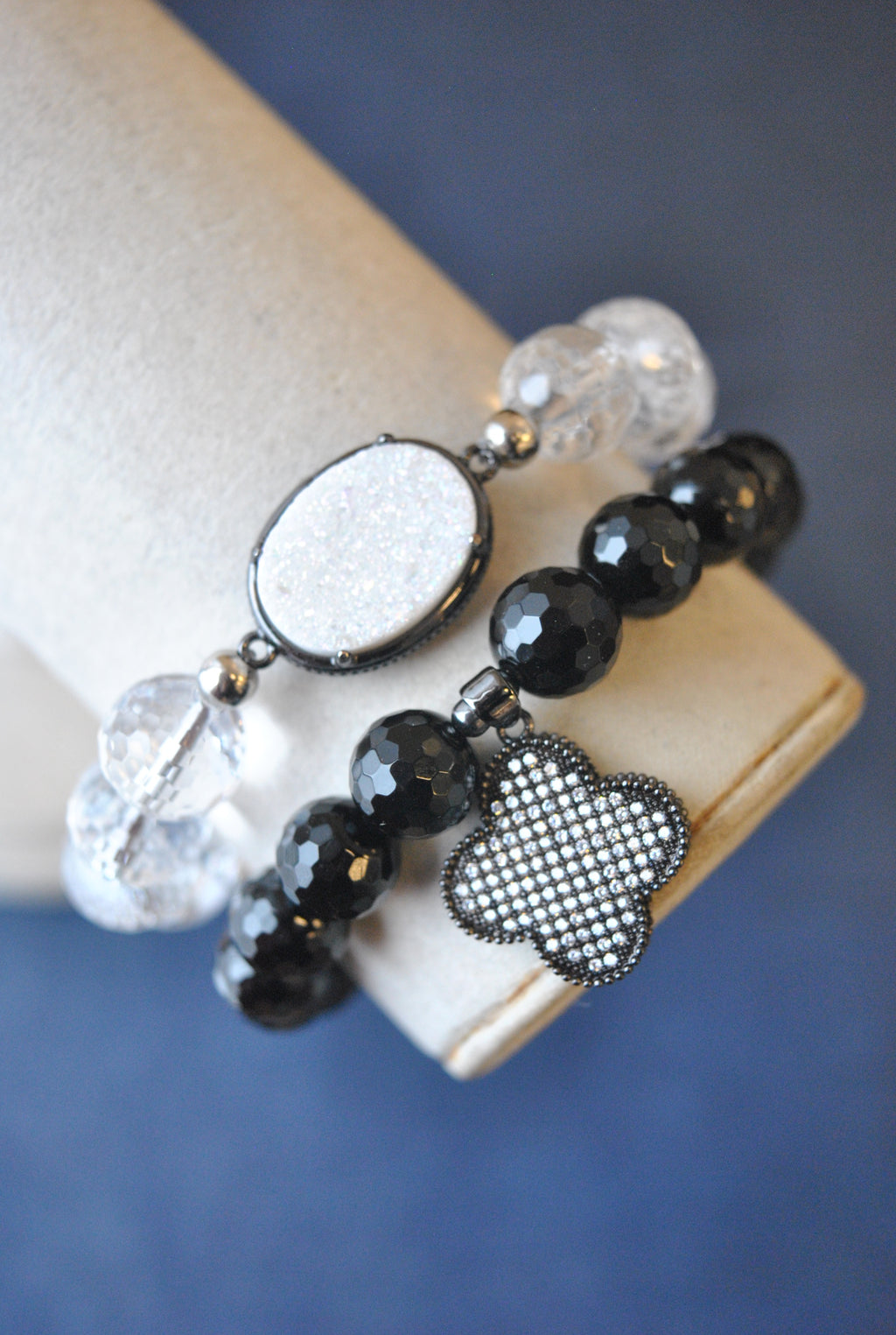BLACK ONYX AND CRYSTAL QUARTZ BRACELET SET