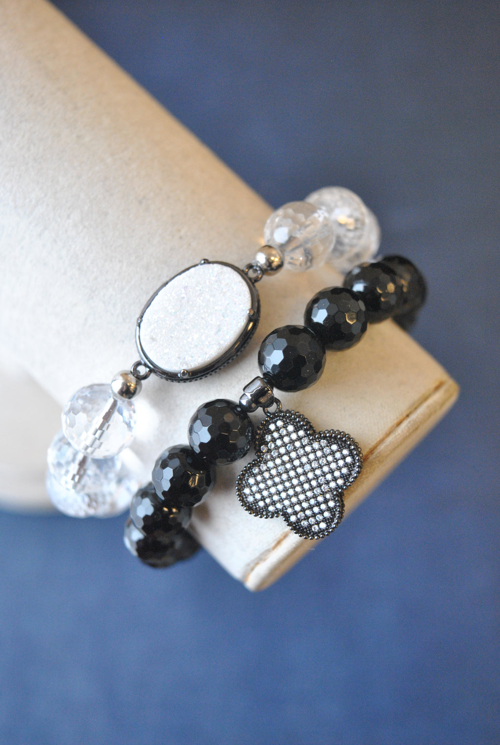 BLACK ONYX AND CRYSTAL QUARTZ BRACELET SET