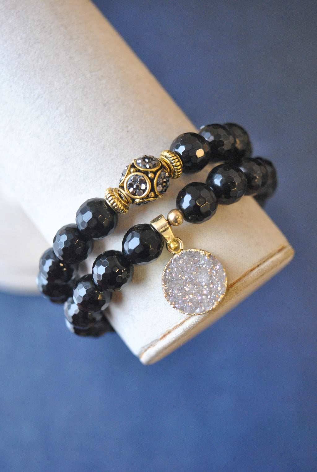 BLACK ONYX DRUZY AND CRYSTALS STRETCHY BRACELETS SET