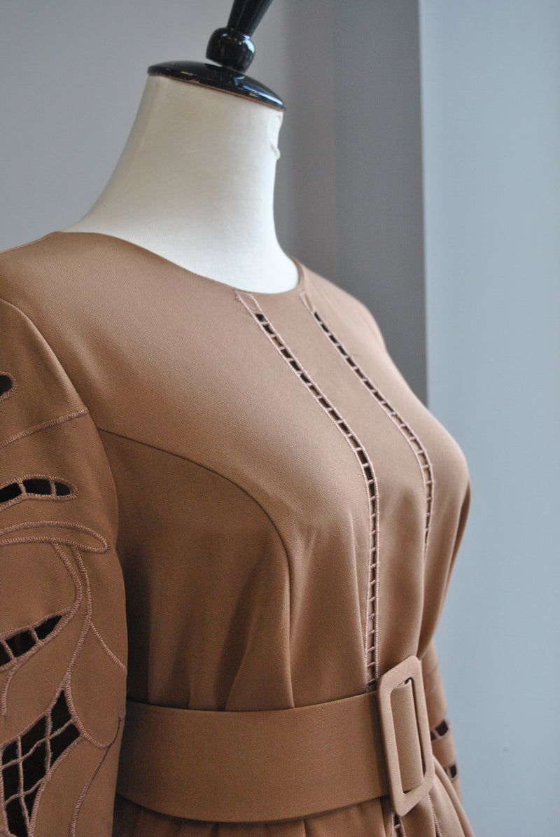 CARAMEL TUNIC STYLE FLAIR DRESS WITH A BELT