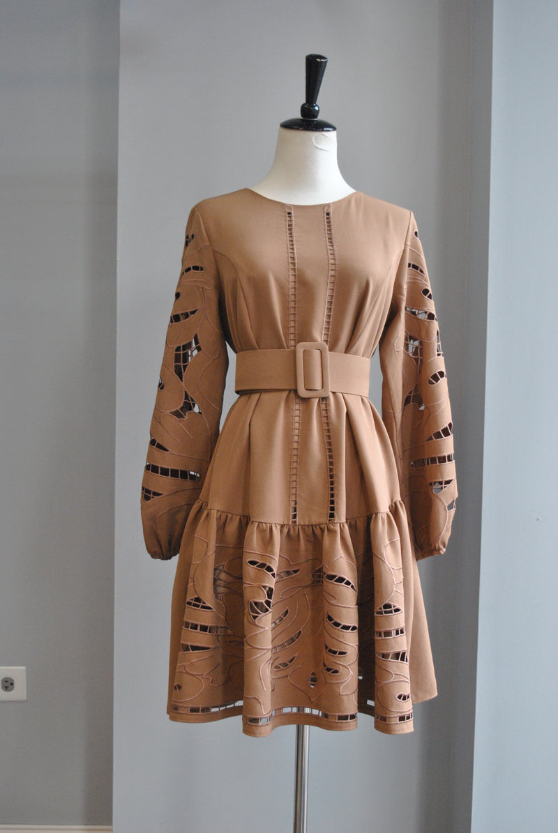 CARAMEL TUNIC STYLE FLAIR DRESS WITH A BELT