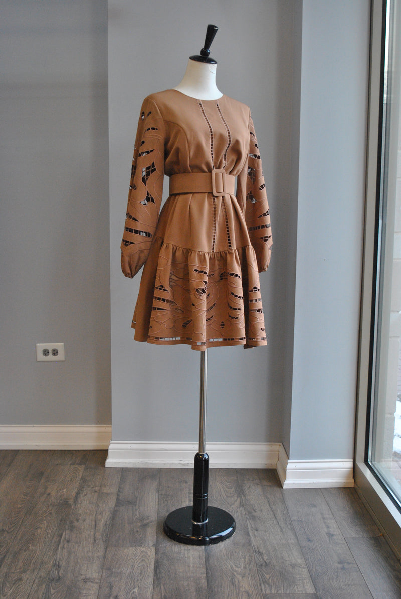 CARAMEL TUNIC STYLE FLAIR DRESS WITH A BELT