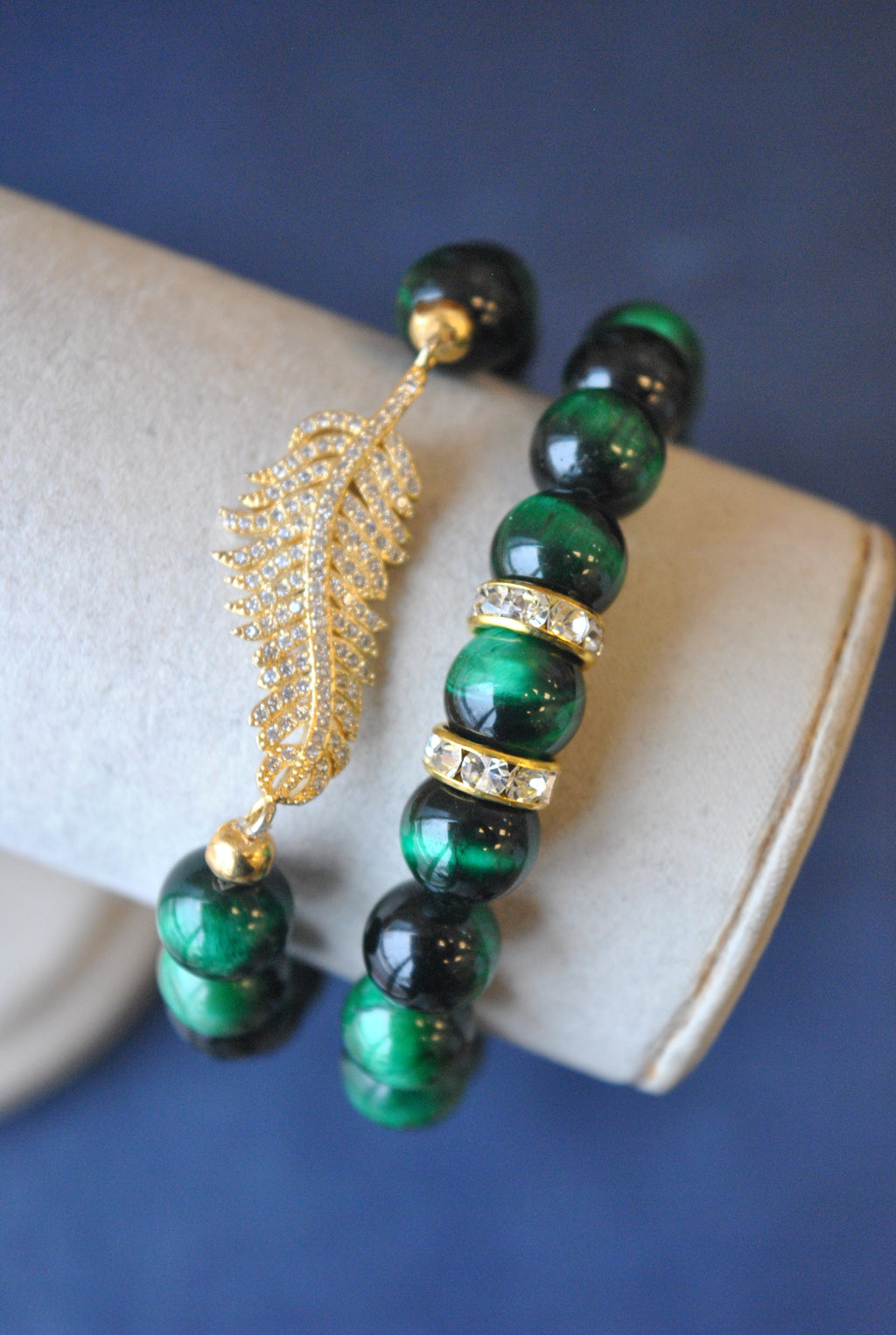 GREEN TIGER EYE AND GOLD RHINESTONES STRETCHY BRACELETS SET